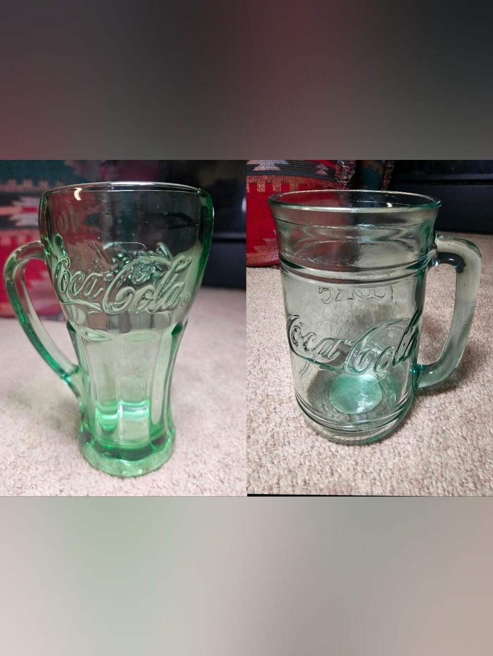 2 Vintage Green Glass Coca-Cola Mug Cups.